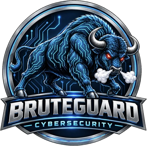 Emblema da BruteGuard Cybersecurity: um touro azul com circuitos e olhos vermelhos dentro de um aro prateado